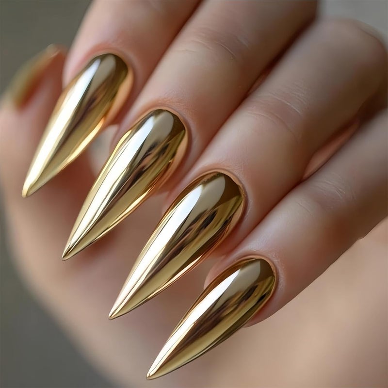 SINHOT Stiletto Press on Nails Long - Long Fake Nails, Glossy Finish, Gold Metallic & Chrome, DIY Artificial False Nail Art - 24 Pcs Nail Kit with Glue - Image 1